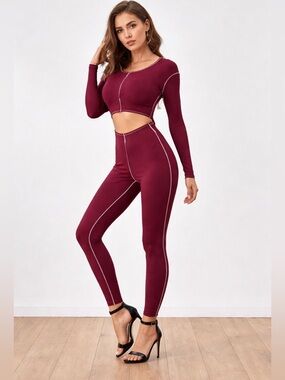 Crop and pants two piece set Long Sleeve Ribbed Set in Burgundy
